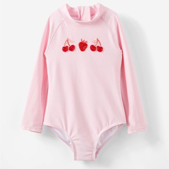 Cotton On Girls Beaded Cherry Strawberry Long Sleeve Pink One Piece Swimsuit UPF - Picture 7 of 8